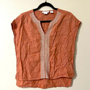 House of Harlow 1960 Embroidered 100% Linen Orange Blouse Fall Boho size XS